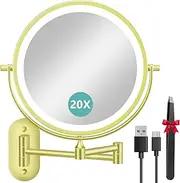 1X/20X Wall Mounted Makeup Mirror with Light, 8" Double-Sided Magnifying Mirror, 3 Color Lights Touch Dimmable Vanity Mirror with 360° Extension Rotation Foldable 14.5 Inch Arm for Bathroom