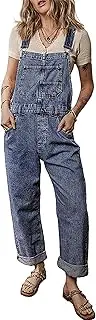 [TACSTRUN] Women's Denim Bib Overall Casual Loose Fit Adjustable Straps Wide Leg Denim Jumpsuits with Pockets