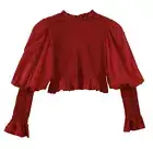 FARM RIO BURGUNDY 3D HEARTS SMOKED LONG BALLOON SLEEVE BLOUSE SIZE S $165 NWT