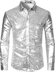 [ZEROYAA] Men's Shiny Metallic Sequin Long Sleeve Button Down Shirts for Halloween Cosplay Party