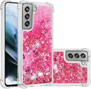 [IMEIKONST] Compatible with Samsung Galaxy S21 FE Glitter Case, Liquid Sparkle Quicksand Clear Transparent Sequin Slim Girls Soft TPU Bumper Silicone Shockproof Cover for Samsung S21 FE. Love Pink YBW