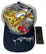 Ed Hardy Tiger Vintage Blue White Trucker Hat Cap SnapBack Adjustable One-Size