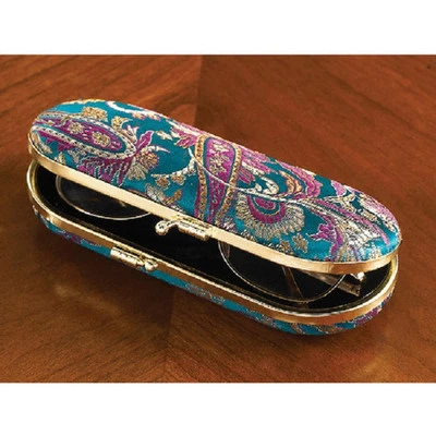 Teal Paisley EYE GLASSES Hard CASE NEW eyeglasses 6" L With MIRROR LIPSTICK CASE