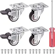 Swpeet 21Pcs 1 Inch Swivel Caster Wheels Set, Heavy Duty No Noise Rubber Casters 2 with Brakes 2 Without Brakes, Locking Casters with Screws and Screwdrvier, Swivel Plate Castor Wheels for Furniture