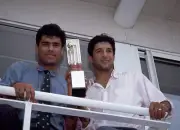 Pakistan bowlers Waqar Younis and Wasim Akram holding the tro- Old Cricket Photo