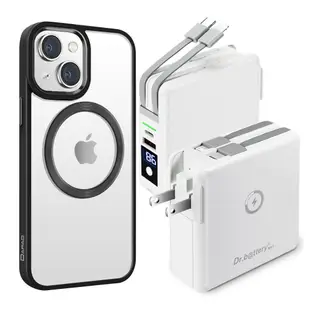Dr.b@ttery電池王 MagSafe無線充電+自帶線行動電源-白色 搭 iPhone13 6.1 星耀磁吸保護殼-黑色