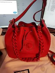 NEW $2325 VERSACE Red Leather LA MEDUSA Drawstring Bucket BAG CHAIN & 2 STRAPS