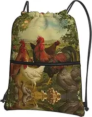 EdWal Chickens And Farm Print Drawstring Backpack Gym Bags Sports Bags With Zipper Pocket For Travel Swimming Beach, Black, One Size