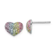 Sterling Silver Rhodium-Plated Rainbow Crystal Heart Post Earrings