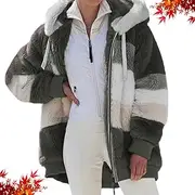 [Generic] Allowance Contrasting Padded Coat,Patchwork Zipper Hooded Loose Coat,Fuzzy Winter Jacket With Pockets