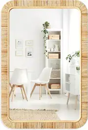 Rattan Bathroom Mirror – Rustic Farmhouse Style Handmade Wicker Rattan Frame - B