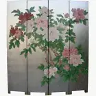 Oriental Screen - Peony on Silver Leaf Background Room Divider (SN4-PEONY-S)