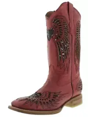 Womens Cowboy Boots Red Heart Wings Black Sequins Square Toe Size 5
