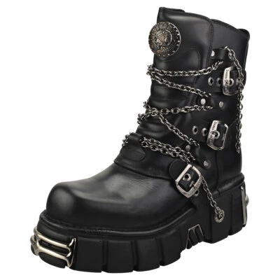 New Rock Straps And Chains Unisex Black Platform Boots - 7 US