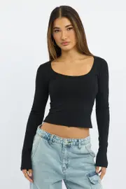 Black Rib Top Long Sleeve Scoop Neck Brushed - Size 14L, Women's Bodysuit