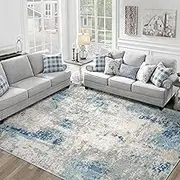 Large Area Rug 200x300cm Living Room Rugs, Modern Abstract Area Rug Deerly Washable Large Bedroom Rug with Non Slip Rubber Backing for Under Dining Table Office Bedroom Indoor (Blue, 200x300)