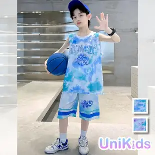 【UniKids】中大童裝2件套速乾籃球服渲染無袖背心運動五分褲 男大童裝 VP2423135(藍 紫)