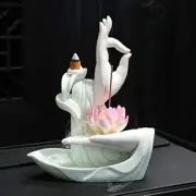 8.2" Pink White Lotus Incense Burner Backflow Incense Holder Ceramic Handcrafted