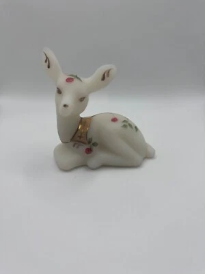 Fenton Glass Lying Deer Signed Twining Berries Design Hand Painted