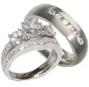 His Her Wedding Ring Set Sterling Silver Titanium Cz Wedding Ring Set