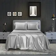 4 Piece Satin Bedding Sheet Pillowcase Sets Luxury Rich Silk Silky Super Soft Solid Color Reversible Stain-Resistant Wrinkle Free (Light Grey)