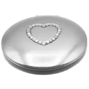Silver Round Magnified Compact Double-Sided Mirror With Rhinestone Heart-Center