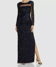 $495 Aidan Mattox Women's Blue Sequin Embellished Open Back Gown Dress Size 6