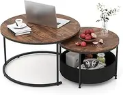 [Giantex] Round Coffee Table Set of 2, 80cm & 60cm Circle Cocktail Table with Fabric Storage Basket & Metal Frame, Nesting Side Table, Stacking End Table for Apartment, Living Room (Rustic & Black)