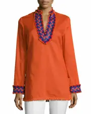 $275 NWT Tory Burch Tory Tunic Split V- neck Cotton Samba Orange Fringe Top sz 0
