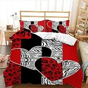 AILONEN Couple Lover Duvet Cover Set King Size,Black White Red Romantic Hearts Printed Comforter Cover Set,Modern Chic 3 Piece Bedding Set Quilt Cover with 2 Pillowcases
