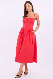 Red Midi Dress Lace Trim Corset Detail Poplin - Size 14L, Women's Midi Dress