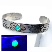 Sterling Uranium Glass Cuff Bracelet Green Opal Swirl Etched 925 Silver Large