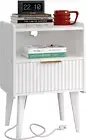 Fluted Nightstand with Charging Station, Modern Bedside Table with Drawer,White