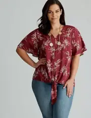 Autograph Top Plus Size 26 Shirt Blouse Short Sleeve Tie Front Wine Viscose NEW