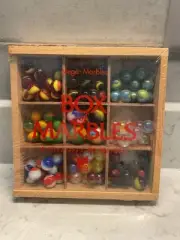 Vintage New Sealed Mega Marbles Wooden Box Of Marbles 4 Shooters 80 Marbles