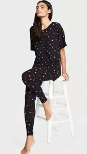 VICTORIA'S SECRET Modal Pajama Set T-Shirt &pant set Black Hearts M Short, L NWT