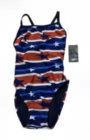 New Size 6 / 32 Speedo Women's Swimsuit PowerFlex Flyback Stars Stripes $54