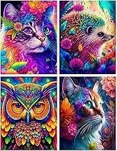 WUSARPLY 4 Pack 5D Diamond Painting Kits for Adults, Animal Art Cat Full Drill Dots Paint with Diamonds Hedgehog Owl Pictures Arts and Crafts Adults Beginner Kids 11.8''x15.8'' Clear,Red