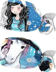 [YTYVAGT] 2-Pc,Nurse Scrub Caps,Scrub Hats with Buttons and Cotton Sweatband,Unicorn and Girl
