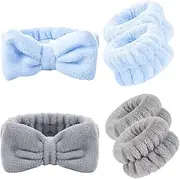 6PCS Spa Headband Wristband Set,Face Wash Headband, Soft Facial Makeup Headband Skincare Headbands Bowknot Hair Band, Elastic Wristbands Prevent Liquids from Spilling Down Your Arms (Headband and Wristband Set--Grey and Blue)