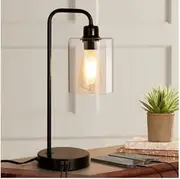 Table Lamp, Industrial Desk Lamp with USB Charging Port, Modern Dimmable Bedside Nightstand Lamp with Glass Shade for Bedroom Living Room Office, Bulb Included(Black)
