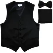 New Men's formal vest Tuxedo Waistcoat_bowtie & hankie set wedding Black prom
