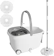 Spin Mop & Bucket Set with 2 Bonus Pads - Effortless Floor Cleaning System, 360° Rotating Mop Head & Dual-Chamber Bucket, Self-Cleaning with Wheels & Drain Valve, Adjustable Handle (White)
