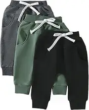 [CocMouse] Baby Boy Fall Pants 3 Pack Cotton Active Jogger Athletic Trousers Solid Color Pocket Elastic Waist Harem Bottoms