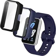 2-Pack for Samsung Galaxy Fit 3 Screen Protector Case, Full Protective Tempered Glass Screen Protector Cover Case for Samsung Galaxy Fit 3 Smartwatch for Women Men (Black/Navy Blue)