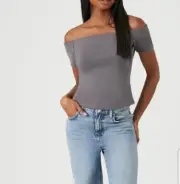 NEW Gray Off The Shoulder Top M Medium Cropped Rayon Blend Crop Forever 21