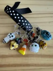 HALLOWEEN MUMMY WITCH CANDY CORN MONSTER ETC Wine Glass Charm Rings Set Of 6
