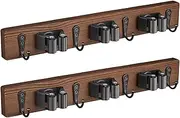 OUTNILI 2 Pack Mop Broom Holder Wall Mount with 3 Slots & 4 Hooks - Rustic Wood Broom Mop Hanger for Pantry Kitchen Organization - Garden Tool Organizer for Closet Laundry Room