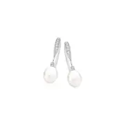 Silver Cz Hook W/ 8x10mm Pearl Drop Earrings in White
