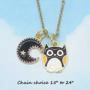 Tiny Owl and Moon Necklace Enamel Gold Plated 10139 Celestial